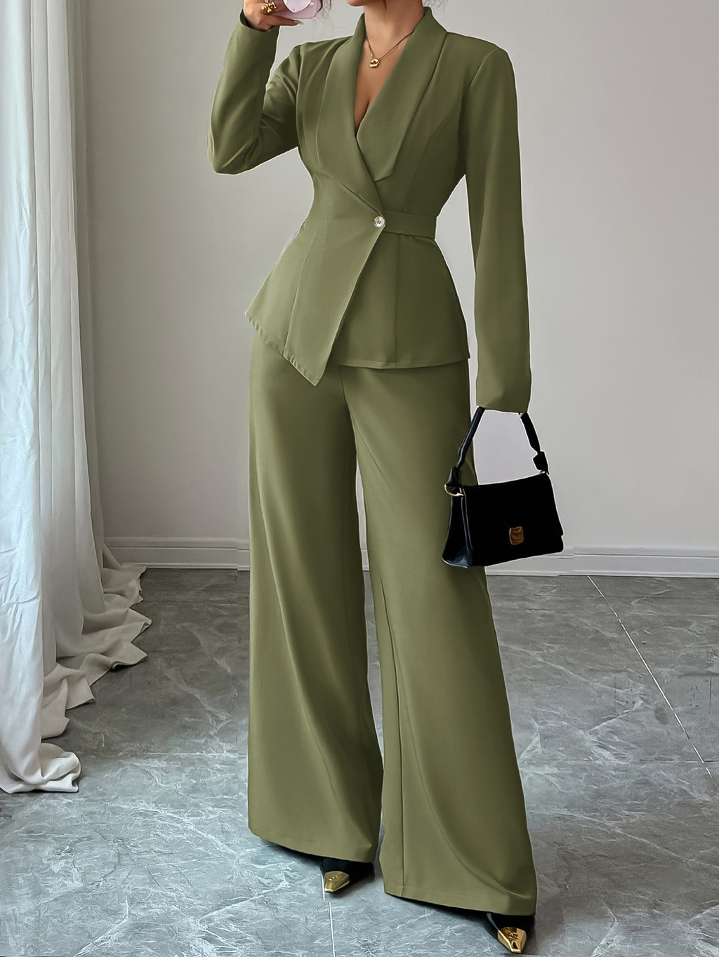 One Spring & Autumn Olive Green Waist-Defined Suit Set, Capable & Slim-Fitting, Intellectual Commute Style, Office Work, Professional Women.Women's Suits,Women's Autumn Clothing,Christmas Gifts,Christmas,Women's Autumn Fashion.