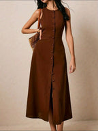 Women's Elegant Sleeveless A-Line Maxi Dress with Round Neck & Waist-Cinching Button Closure - Slim-Fit -Length Brown Dress for, Wedding Guest, Formal Events - Machine Washable Tailored Long Dress