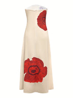 Women's Elegant Strapless Floral Print Long Dress - Lightweight Breathable Fabric, Loose Fit H-Silhouette with Red Flowers & Green Leaves on Beige, Machine Washable for Spring Summer Daily Wear & Holiday Travel, Floral Print Dress, Vacation Outfit, Shoulderbaring Design, Flowy Texture, Fashion Lovers, Comfortable Material, Casual Chic