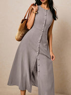 Women's Elegant Sleeveless A-Line Maxi Dress with Round Neck & Waist-Cinching Button Closure - Slim-Fit -Length Brown Dress for, Wedding Guest, Formal Events - Machine Washable Tailored Long Dress