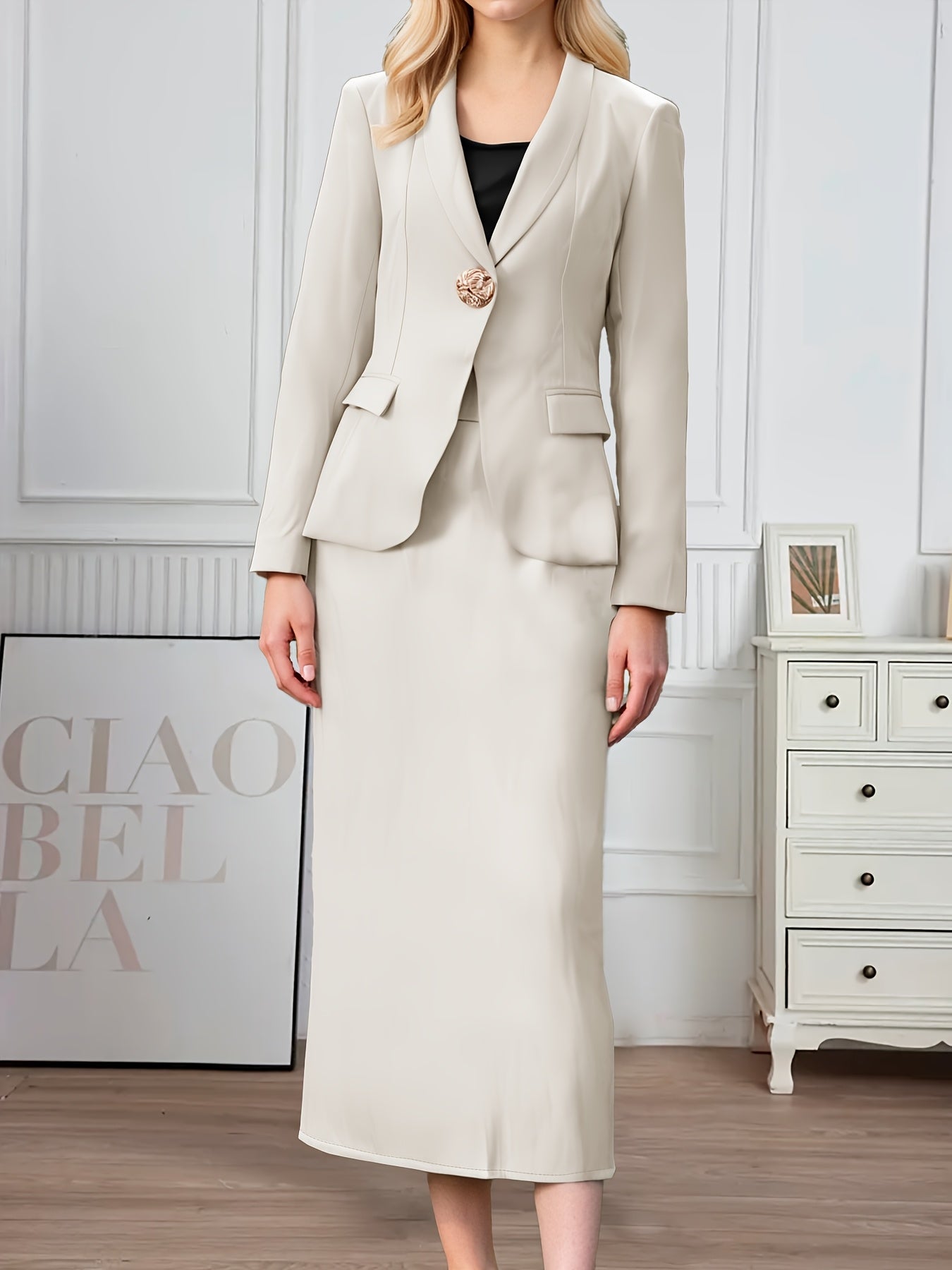 Spring and Autumn Women'S Casual Fashionable Elegant Turnover Collar Long Sleeve Regular Sleeve Top Shirt and Women'S Skirt Set, 2pcs Set, Suitable for Outing Shopping, Office Commuting, Party Party