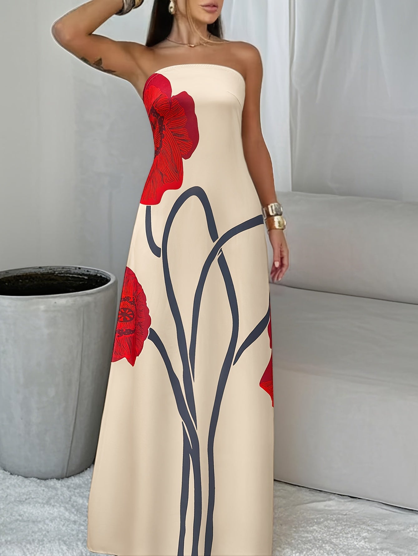 Women's Elegant Strapless Floral Print Long Dress - Lightweight Breathable Fabric, Loose Fit H-Silhouette with Red Flowers & Green Leaves on Beige, Machine Washable for Spring Summer Daily Wear & Holiday Travel, Floral Print Dress, Vacation Outfit, Shoulderbaring Design, Flowy Texture, Fashion Lovers, Comfortable Material, Casual Chic