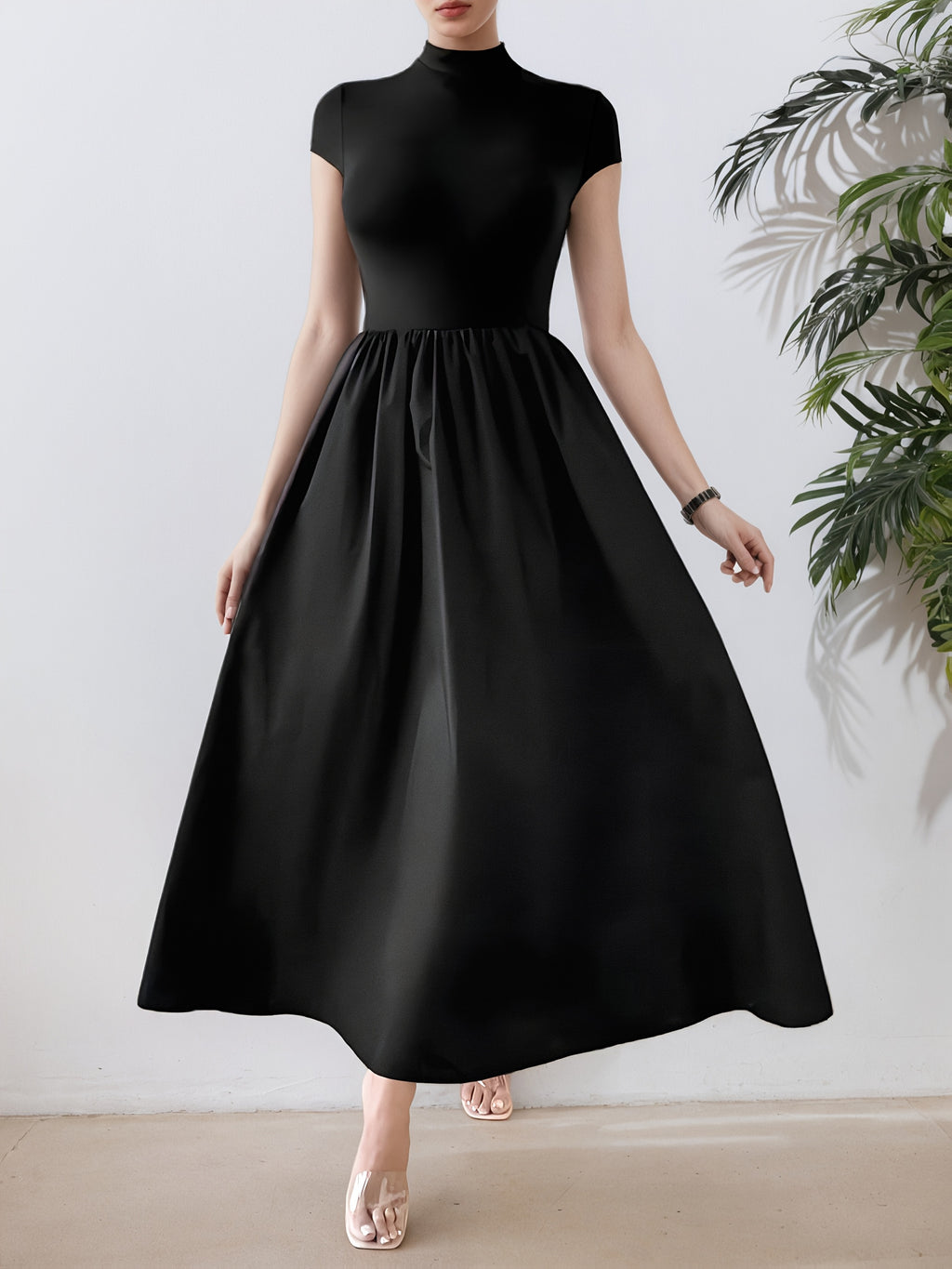 Elegant Black Maxi Dress for Women - Slim Fit, Short Sleeve, Stand Collar, Solid Color with Contrast Detailing, Flared Hem, Perfect for Spring/Summer, Chic and Stylish, Elegant Event Wear | Chic Style Dress | Polyester Fabric