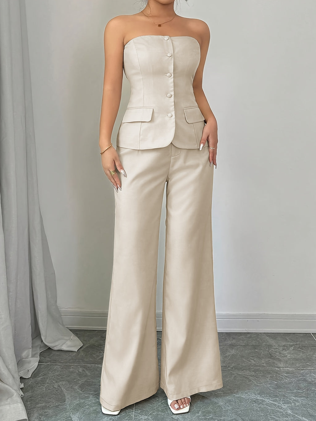 Women'S Elegant Off-Shoulder Button-Up Top & Straight-Leg Pants Set - Beige, Sleeveless, Polyester, Perfect for Work, Parties, and Casual Attire, Casual Attire|Sleeveless Top|Polyester Fabri