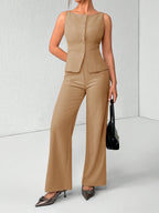 Spring-Summer Women's Casual Elegant Solid Color Round Neck Sleeveless Top and Pants Set, 2pcs, Suitable for Daily Outing, Office Commute, Party