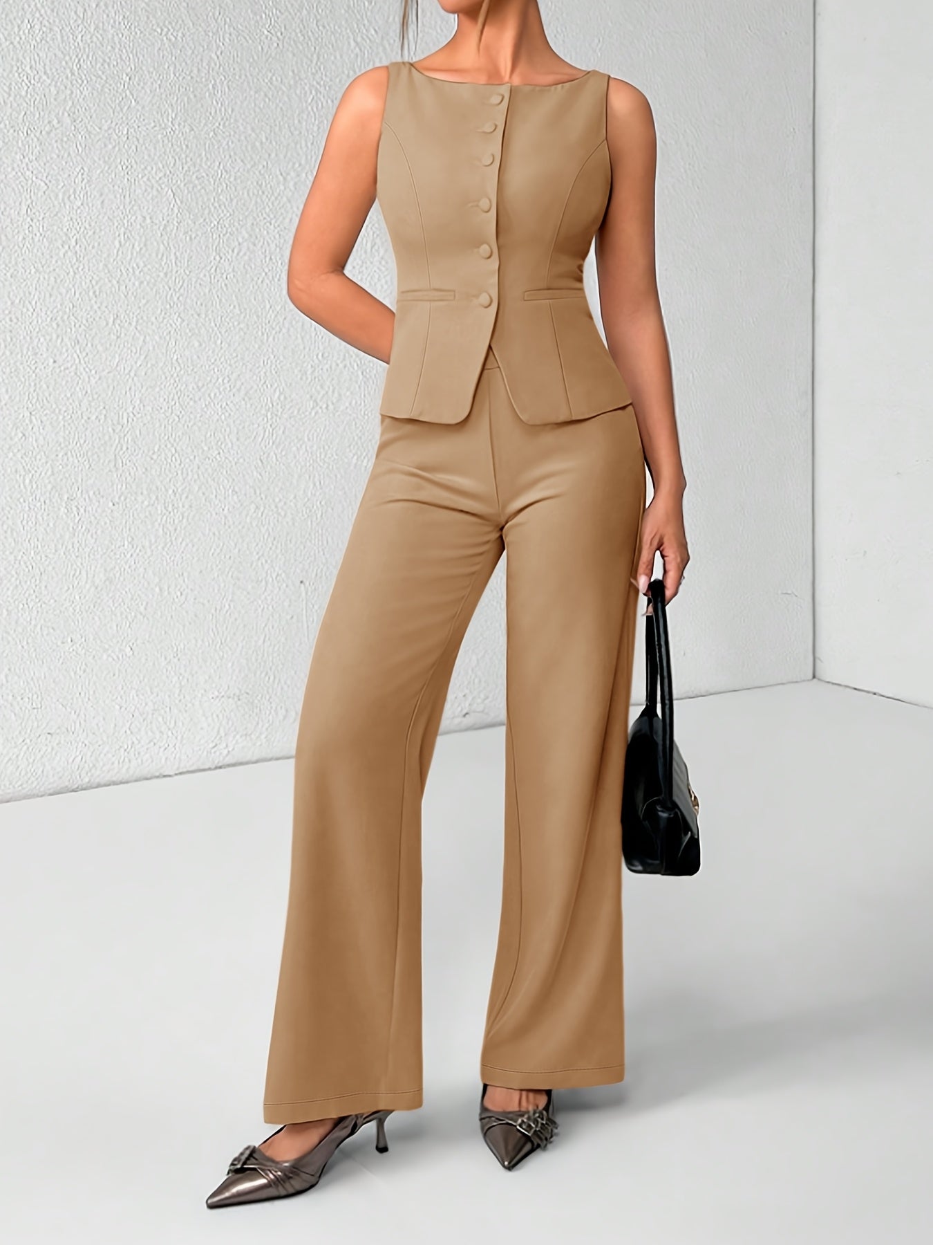 Spring-Summer Women's Casual Elegant Solid Color Round Neck Sleeveless Top and Pants Set, 2pcs, Suitable for Daily Outing, Office Commute, Party