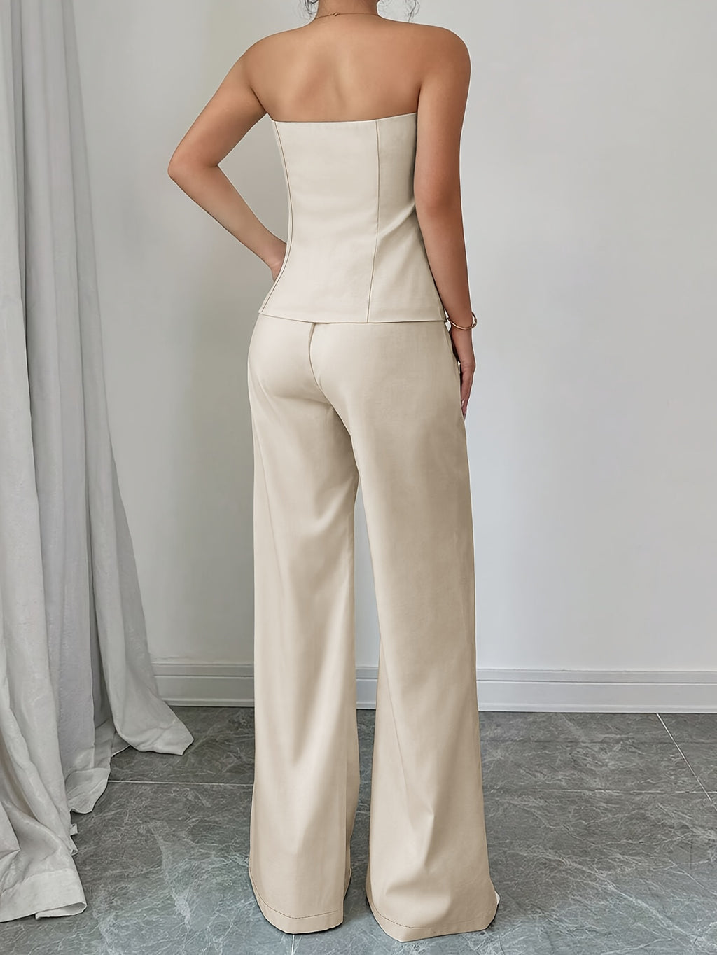 Women'S Elegant Off-Shoulder Button-Up Top & Straight-Leg Pants Set - Beige, Sleeveless, Polyester, Perfect for Work, Parties, and Casual Attire, Casual Attire|Sleeveless Top|Polyester Fabri