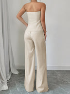 Women'S Elegant Off-Shoulder Button-Up Top & Straight-Leg Pants Set - Beige, Sleeveless, Polyester, Perfect for Work, Parties, and Casual Attire, Casual Attire|Sleeveless Top|Polyester Fabri