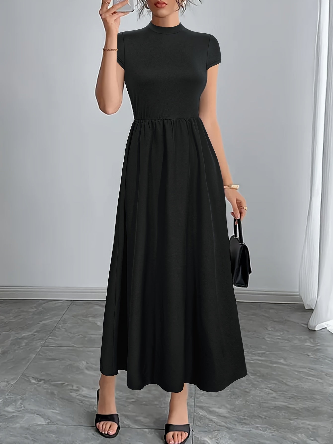 Elegant Black Maxi Dress for Women - Slim Fit, Short Sleeve, Stand Collar, Solid Color with Contrast Detailing, Flared Hem, Perfect for Spring/Summer, Chic and Stylish, Elegant Event Wear | Chic Style Dress | Polyester Fabric