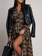 Elegant V-Neck Plaid Long Dress with Button Design | Merlot Color, Waist-Cinched, Split Hem, Suitable for Daily Outings, Photo Sessions, Travel, and Office Casual Wear