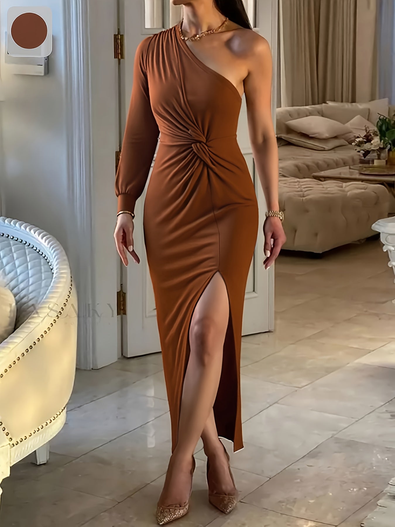 Women'S Elegant Asymmetrical One-Shoulder Long Evening Gown with High Slit & Waist Belt - Sexy Formal Party Dress in Solid Brown/Navy/Red/, All-season Bodycon Fit For Weddings, Galas, Proms - Machine Washable Formal Attire, Wedding Guest Outfit