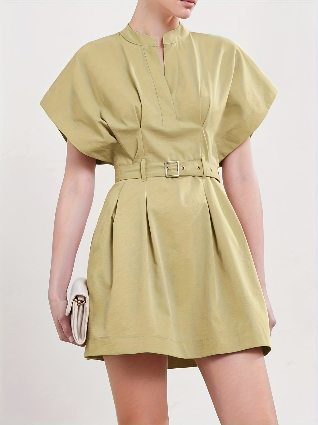 Women'S Elegant V-Neck A-Line Dress with Adjustable Waist Belt - Short Sleeve, X-Line Silhouette, Button Front Closure, Lightweight Summer Dress for Casual & Formal, Casual Summer Dress | Vneck Dress | Belted Waist Dress