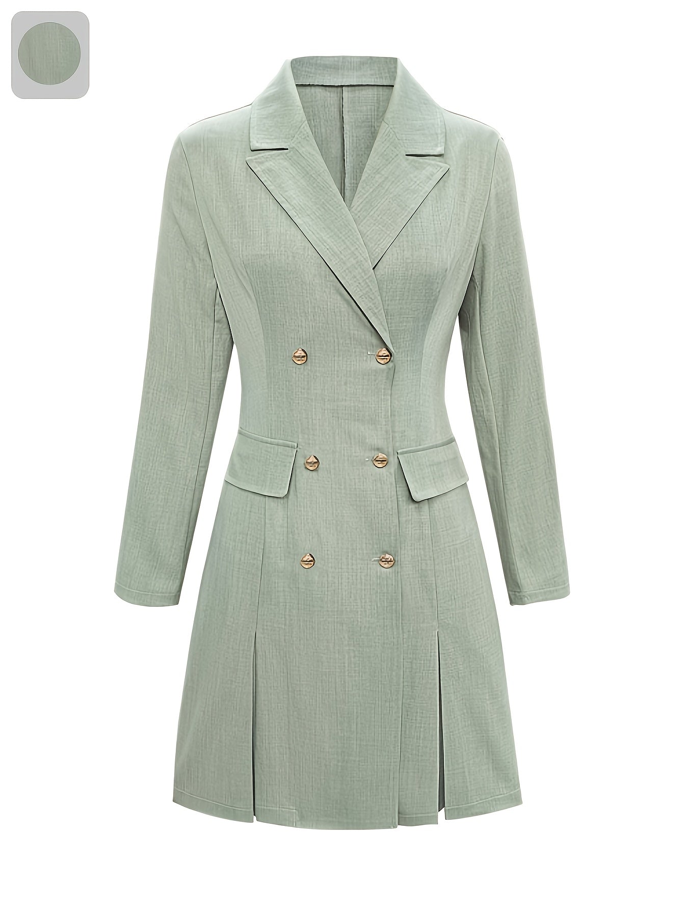 Elegant Double Breasted Midi Dress for Women - Solid Color Long Sleeve Dress with Vent Hem, Office to Casual Fall Winter Dress with Slim Fit