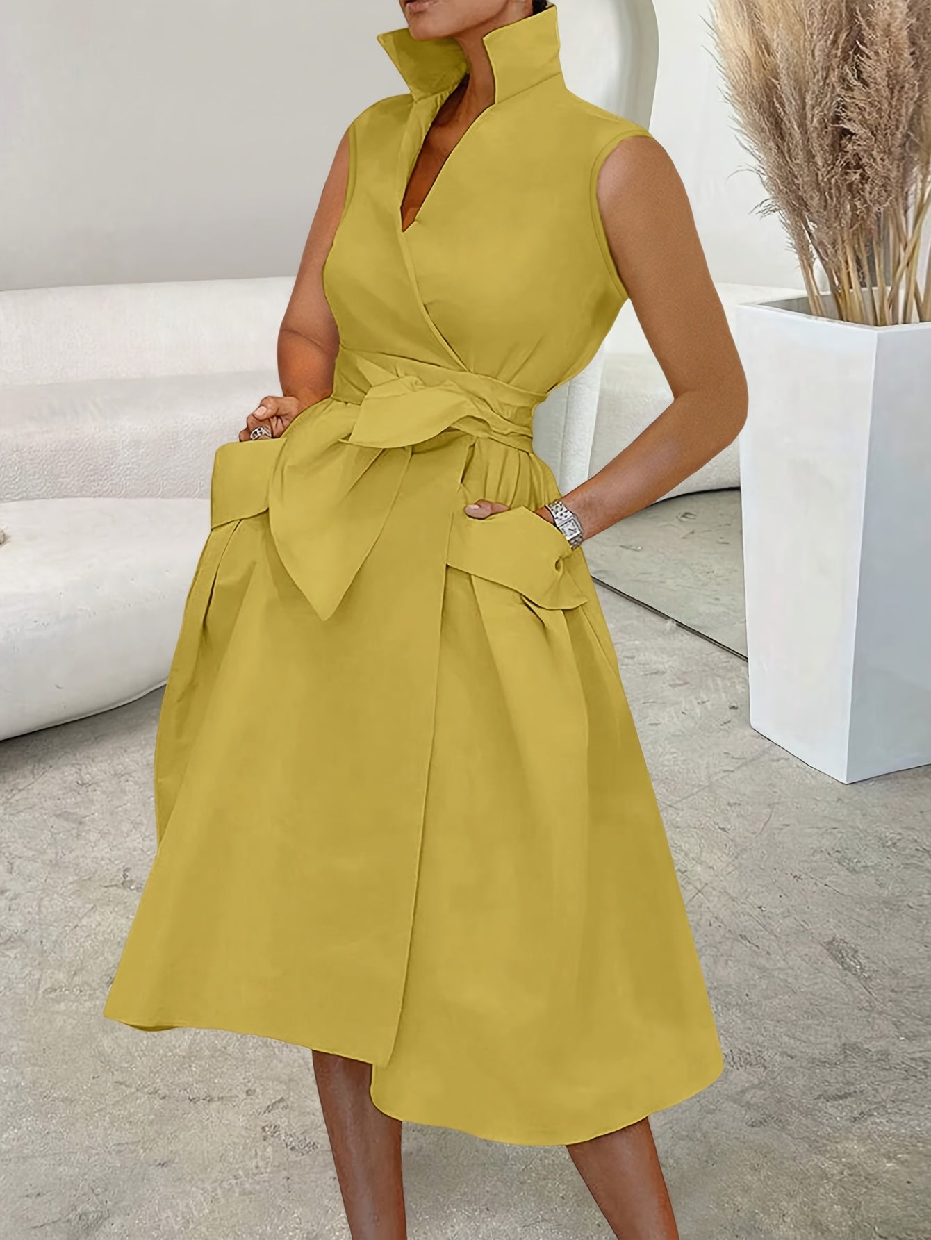 Women's Sleeveless A-Line Dress - Mustard Yellow Lapel Collar with Adjustable Waist Bow Tie & Pockets, Knee-Length Flared Hem, Loose Fit Machine-Washable Spring/Summer Casual to Semi-Formal Dress, Spring Outdoor Attire