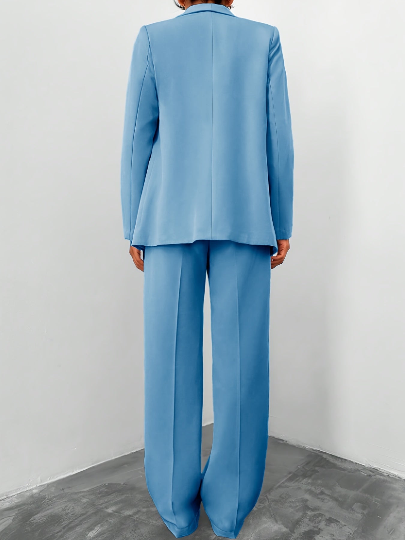 Women'S Elegant Light Blue Lapel Collar Long Sleeve Blazer & Pants Set - 2pcs, Non-Stretch Fabric, Regular Fit, Perfect for Office & Casual Outings, Office Attire|Elegant Lapel Collar|Nonstretch Fabric