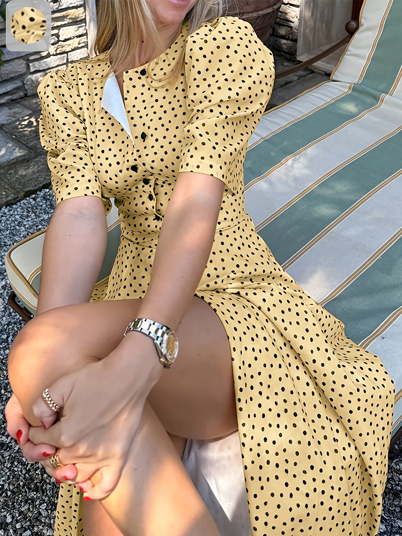 French Chic Polka Dot Midi Dress for Women - Elegant Puff Sleeve V-Neck Partial Button Tiered Dress, Fall Winter Swing Dress with Belt