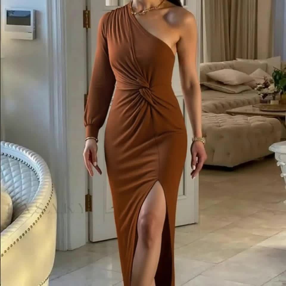 Women'S Elegant Asymmetrical One-Shoulder Long Evening Gown with High Slit & Waist Belt - Sexy Formal Party Dress in Solid Brown/Navy/Red/, All-season Bodycon Fit For Weddings, Galas, Proms - Machine Washable Formal Attire, Wedding Guest Outfit