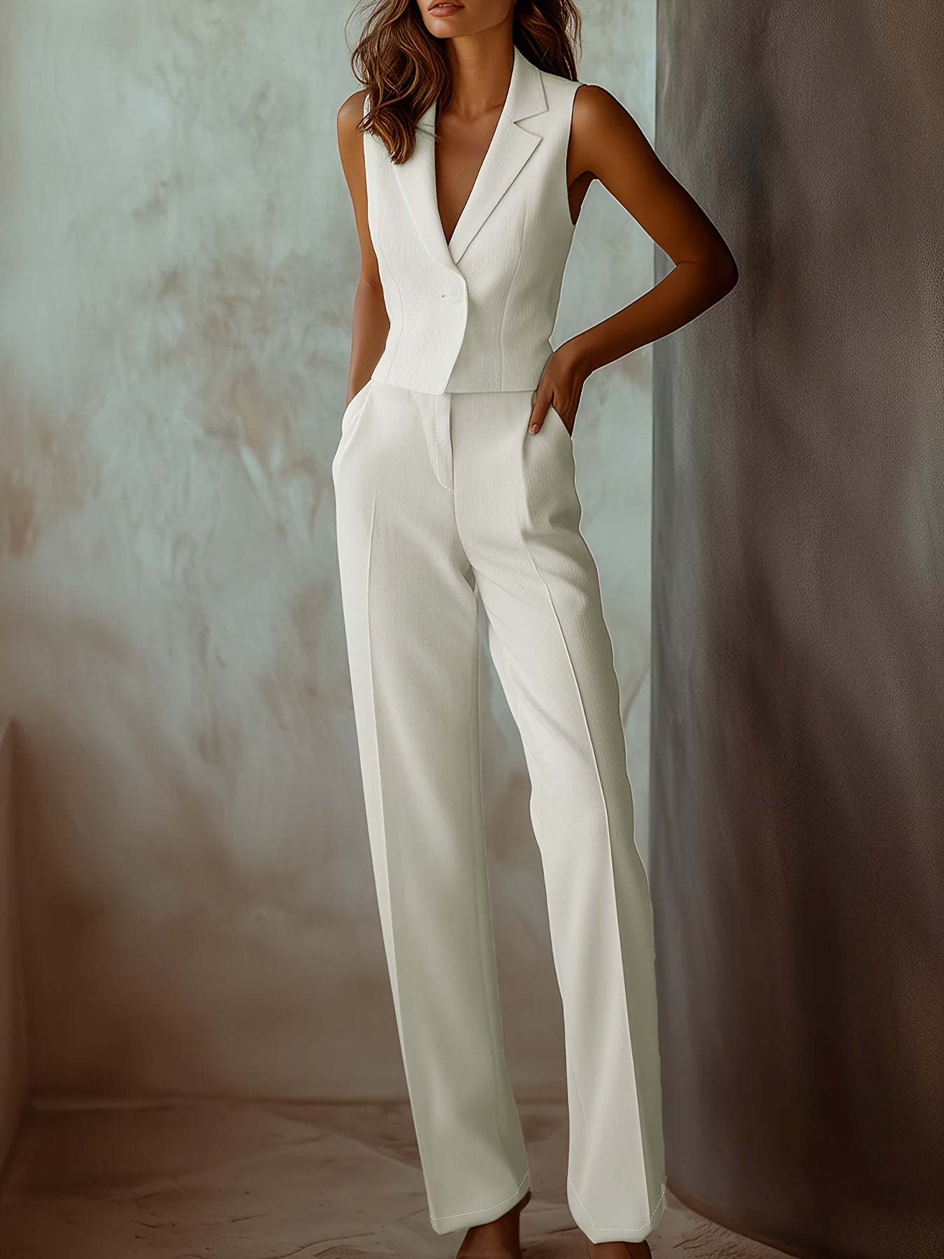 Spring and Summer Women'S Casual Fashionable Elegant Suit with Sleeveless Top and Pants Set, 2pcs, Suitable for Outings, Office Commuting