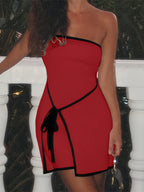 Women's Spring Summer Elegant Contrast Trim Strapless Lace-Up Bodycon Dress - Slim Fit Short Sleeveless Midi Dress with Tiered Hem & Adjustable Waist Tie, Machine Washable, Casual Summer Dresses, Evening Wear, Medium Elasticity