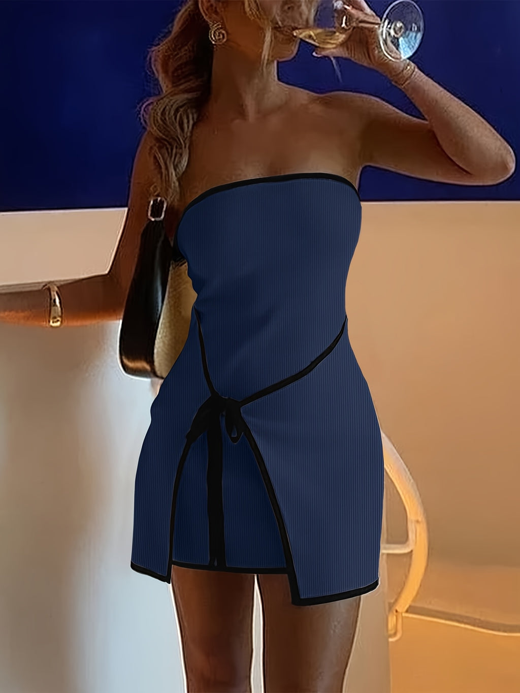 Women's Spring Summer Elegant Contrast Trim Strapless Lace-Up Bodycon Dress - Slim Fit Short Sleeveless Midi Dress with Tiered Hem & Adjustable Waist Tie, Machine Washable, Casual Summer Dresses, Evening Wear, Medium Elasticity