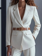 Women'S Elegant White Belted Blazer & Pants Set - Structured Notch Lapel Collar, Long Sleeve, Solid Color, Belted Waist, Fall/Winter Collection, Office & Formal Wear