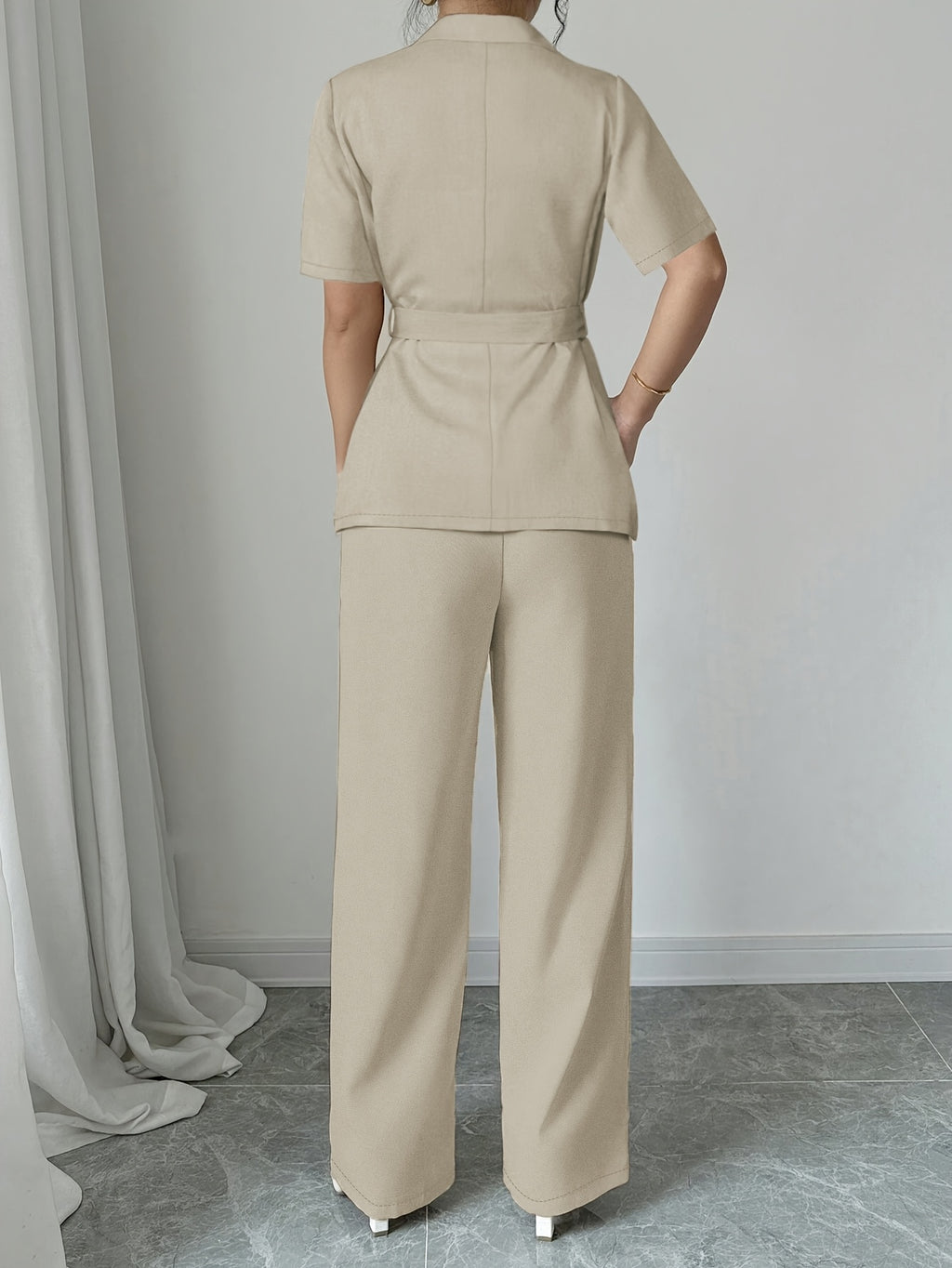 2pcs Set Women's Casual Blazer & Pants - Solid Color, Lapel Collar, Short Sleeve, Smooth Polyester Fabric - Spring/Summer Outfits | Belted Blazer | Loose-Fit Pants