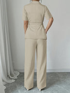 2pcs Set Women's Casual Blazer & Pants - Solid Color, Lapel Collar, Short Sleeve, Smooth Polyester Fabric - Spring/Summer Outfits | Belted Blazer | Loose-Fit Pants