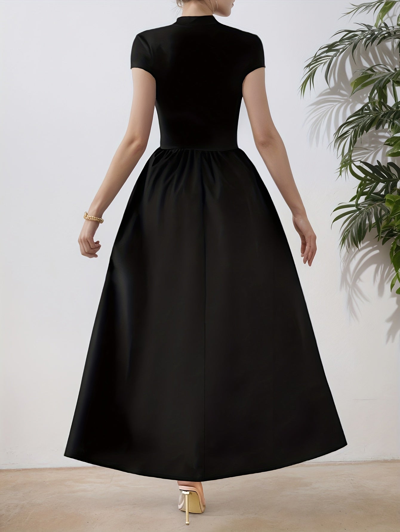 Elegant Black Maxi Dress for Women - Slim Fit, Short Sleeve, Stand Collar, Solid Color with Contrast Detailing, Flared Hem, Perfect for Spring/Summer, Chic and Stylish, Elegant Event Wear | Chic Style Dress | Polyester Fabric