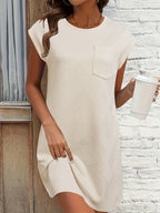 Women'S Chic Beige Midi Dress with Textured Fabric - Casual Drop Shoulder Design, Pockets, and a Round Neckline - Perfect for Spring and Summer Outfits, Vacation Style, Loose Fit for All-Day Comfort
