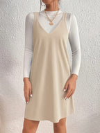 Women'S Elegant V-Neck Sleeveless Midi Dress - Thick Ribbed, Solid Color Beige, Casual Chic Style for Fall/Winter, Perfect for Commuting or Casual Attire, Winter Dresses