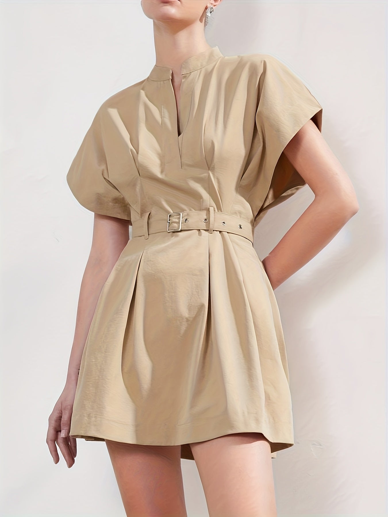 Women'S Elegant V-Neck A-Line Dress with Adjustable Waist Belt - Short Sleeve, X-Line Silhouette, Button Front Closure, Lightweight Summer Dress for Casual & Formal, Casual Summer Dress | Vneck Dress | Belted Waist Dress