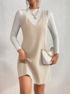 Women'S Elegant V-Neck Sleeveless Midi Dress - Thick Ribbed, Solid Color Beige, Casual Chic Style for Fall/Winter, Perfect for Commuting or Casual Attire, Winter Dresses