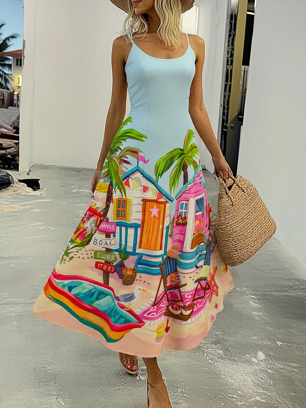 Women'S Vibrant Cartoon Print Maxi Dress - Sleeveless, Light Blue with Beach House & Palm Tree Design, Perfect for Spring/Summer Beach & Pool Parties, Beach Party Dress | Playful Print | Glossy Finish