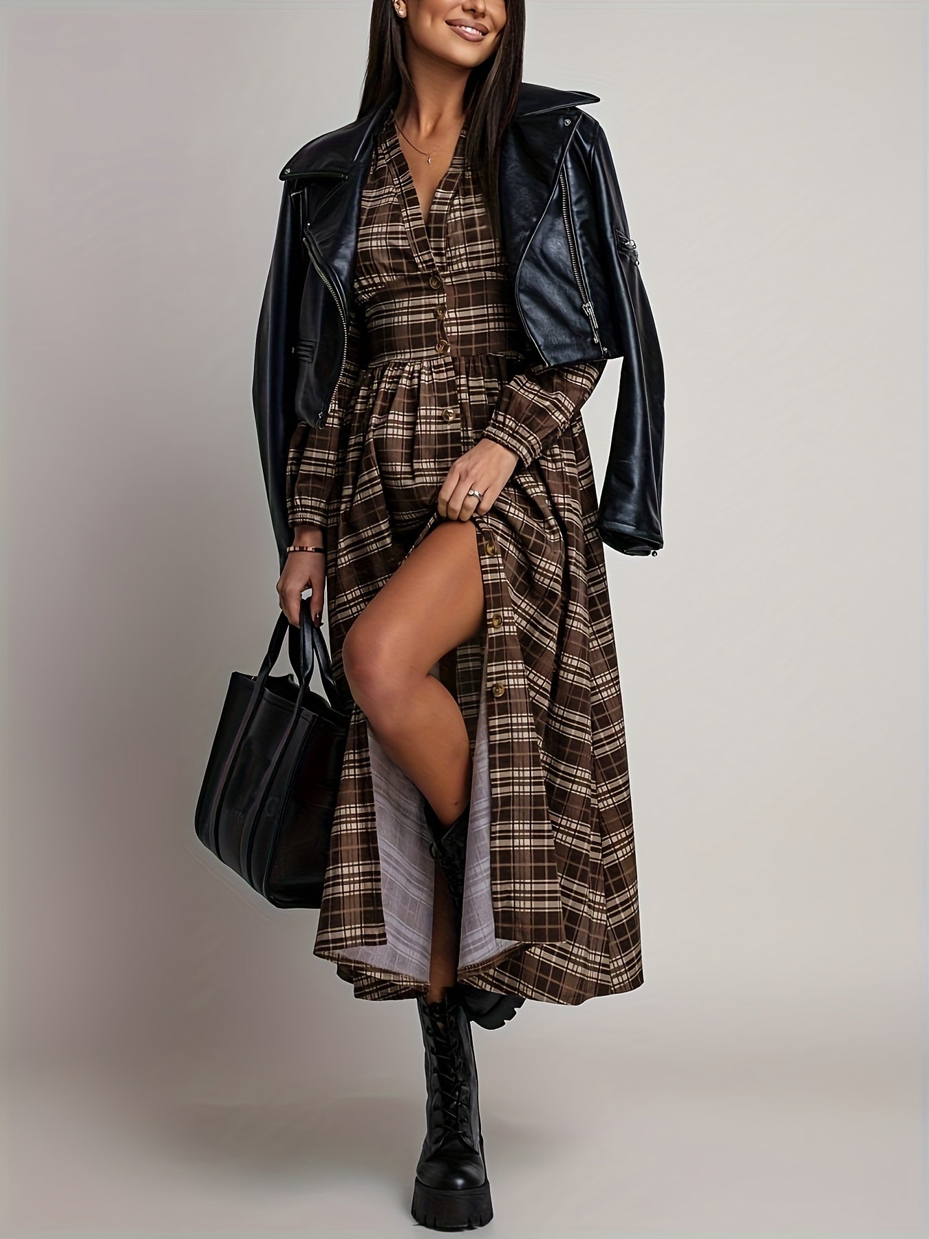 Elegant V-Neck Plaid Long Dress with Button Design | Merlot Color, Waist-Cinched, Split Hem, Suitable for Daily Outings, Photo Sessions, Travel, and Office Casual Wear