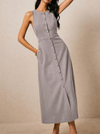 Women's Elegant Sleeveless A-Line Maxi Dress with Round Neck & Waist-Cinching Button Closure - Slim-Fit -Length Brown Dress for, Wedding Guest, Formal Events - Machine Washable Tailored Long Dress