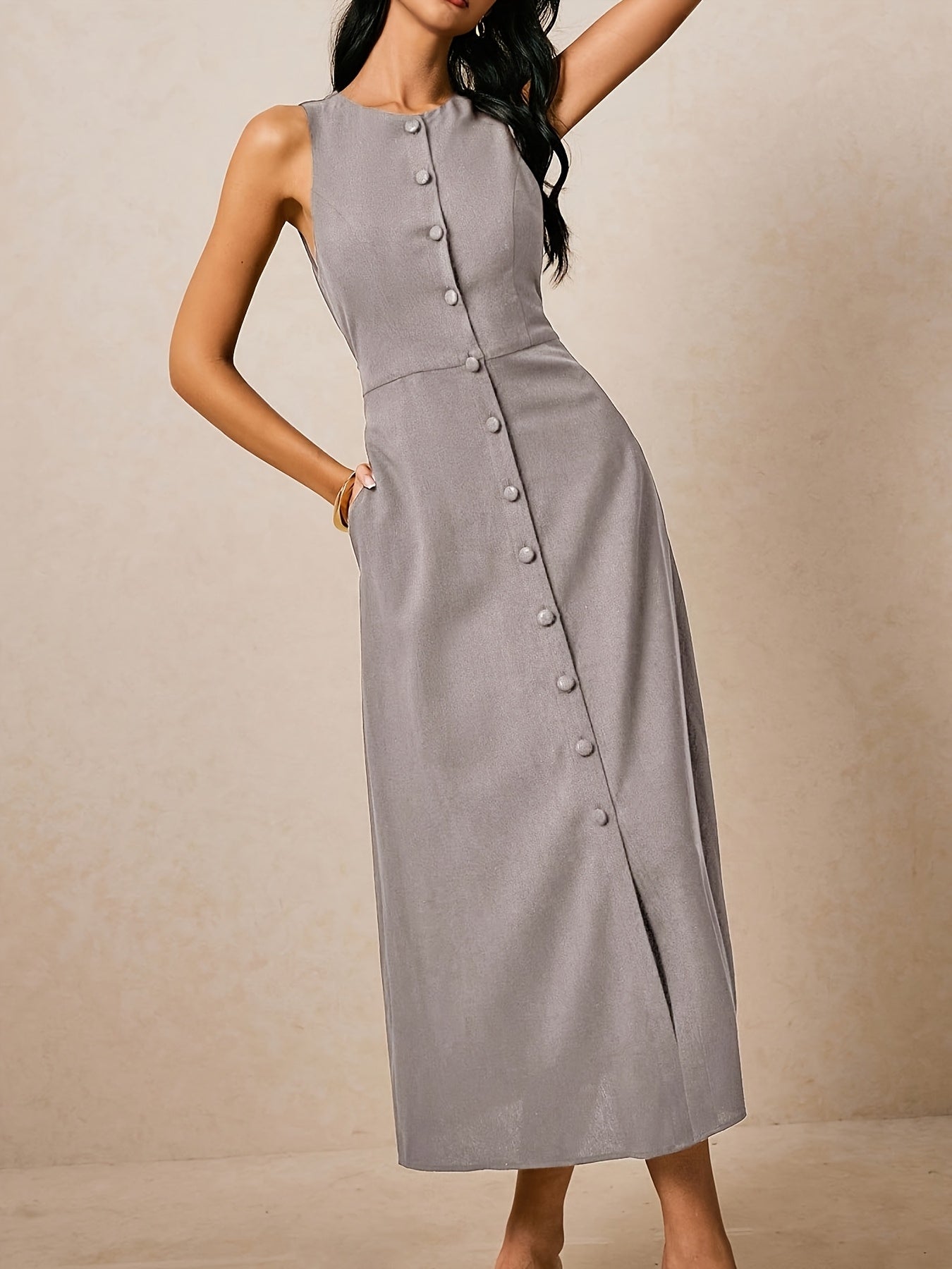 Women's Elegant Sleeveless A-Line Maxi Dress with Round Neck & Waist-Cinching Button Closure - Slim-Fit -Length Brown Dress for, Wedding Guest, Formal Events - Machine Washable Tailored Long Dress
