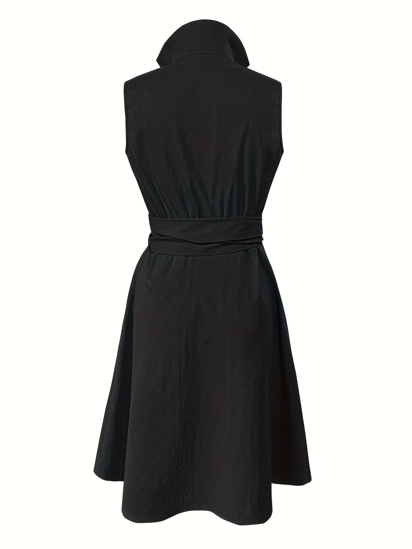 Women's Sleeveless A-Line Dress - Mustard Yellow Lapel Collar with Adjustable Waist Bow Tie & Pockets, Knee-Length Flared Hem, Loose Fit Machine-Washable Spring/Summer Casual to Semi-Formal Dress, Spring Outdoor Attire