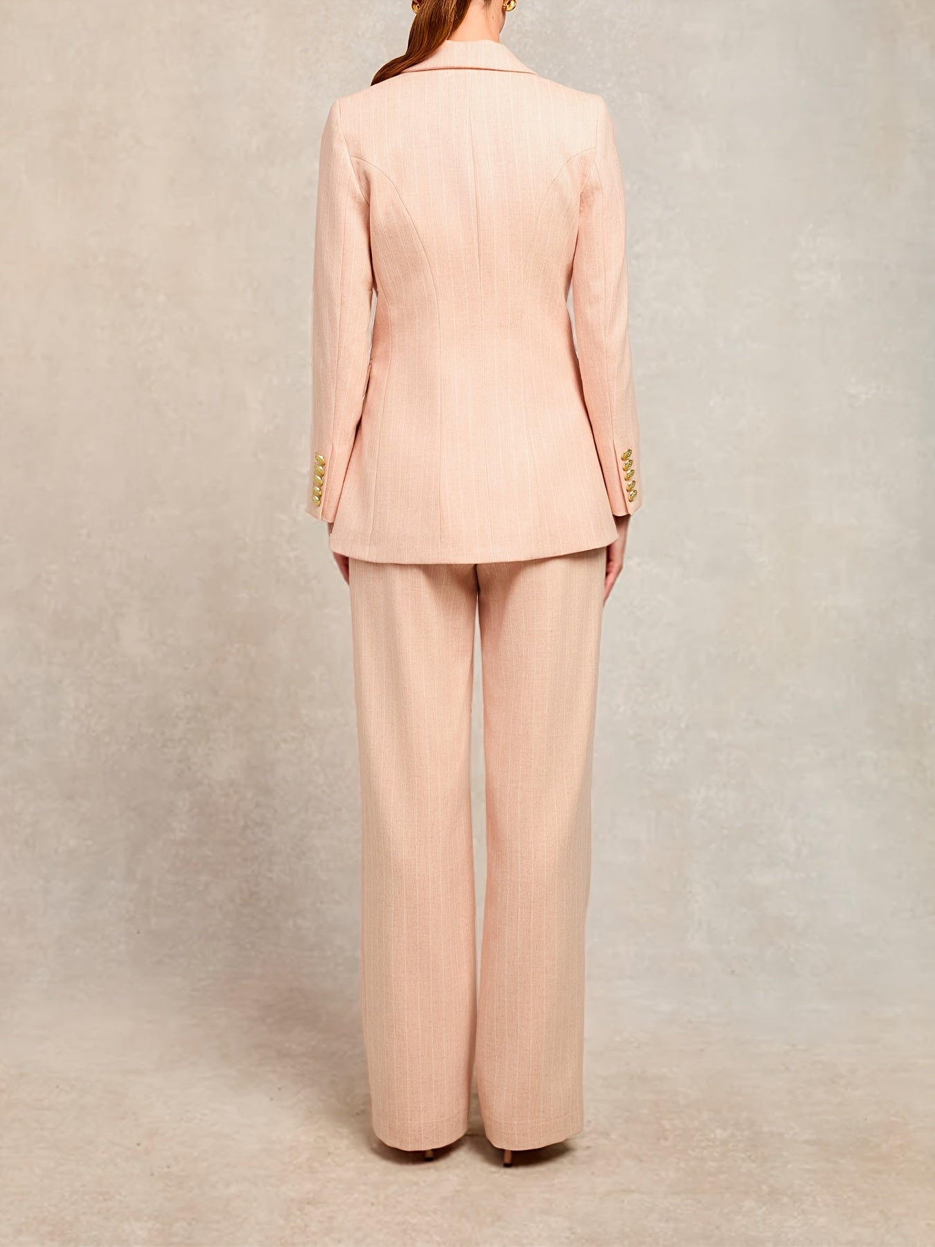 Autumn and Winter Women's Casual Elegant Striped Print V-Neck Sleeveless Vest, Suit Lapel Long-Sleeve Regular Fit Jacket and Pants Set, 3pcs Outfit for Office Commute, Business Trips, and Formal Occasions