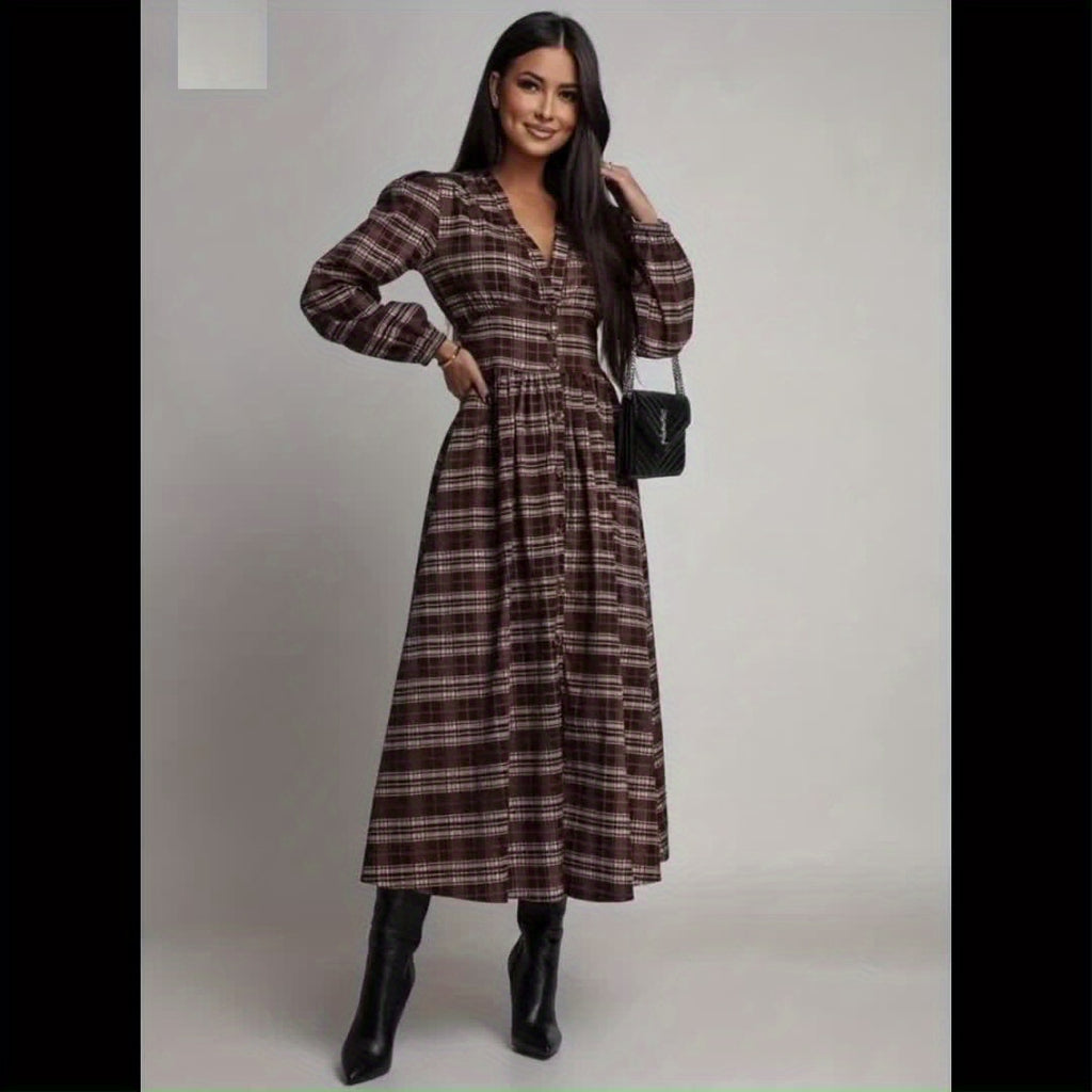 Elegant V-Neck Plaid Long Dress with Button Design | Merlot Color, Waist-Cinched, Split Hem, Suitable for Daily Outings, Photo Sessions, Travel, and Office Casual Wear