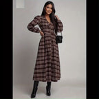 Elegant V-Neck Plaid Long Dress with Button Design | Merlot Color, Waist-Cinched, Split Hem, Suitable for Daily Outings, Photo Sessions, Travel, and Office Casual Wear