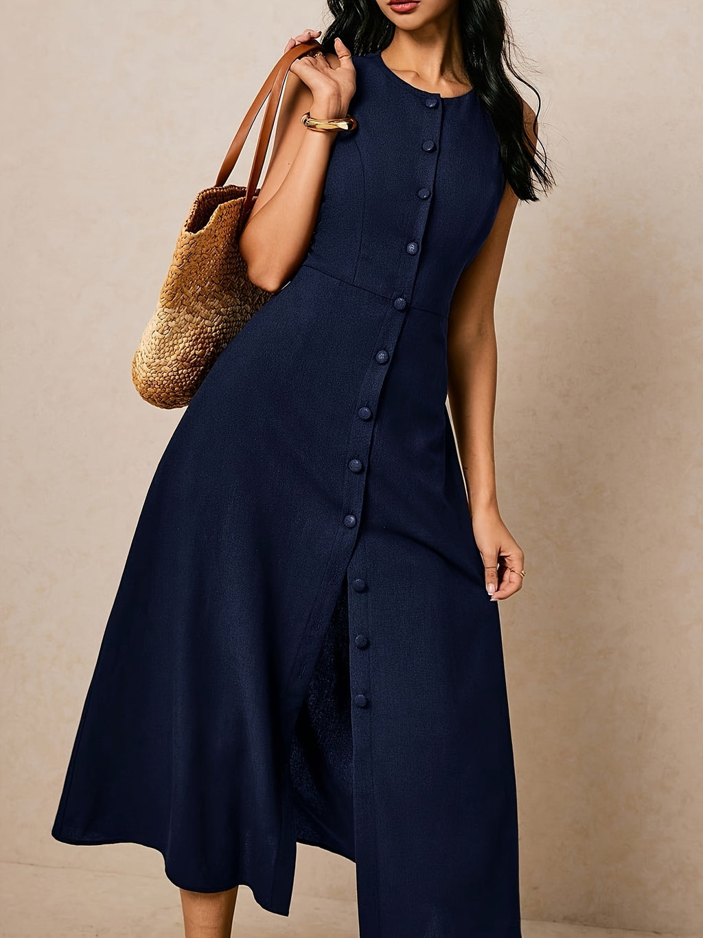 Women's Elegant Sleeveless A-Line Maxi Dress with Round Neck & Waist-Cinching Button Closure - Slim-Fit -Length Brown Dress for, Wedding Guest, Formal Events - Machine Washable Tailored Long Dress