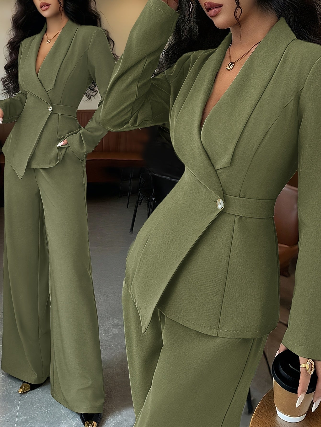 One Spring & Autumn Olive Green Waist-Defined Suit Set, Capable & Slim-Fitting, Intellectual Commute Style, Office Work, Professional Women.Women's Suits,Women's Autumn Clothing,Christmas Gifts,Christmas,Women's Autumn Fashion.
