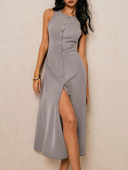 Women's Elegant Sleeveless A-Line Maxi Dress with Round Neck & Waist-Cinching Button Closure - Slim-Fit -Length Brown Dress for, Wedding Guest, Formal Events - Machine Washable Tailored Long Dress