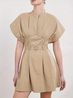 Women'S Elegant V-Neck A-Line Dress with Adjustable Waist Belt - Short Sleeve, X-Line Silhouette, Button Front Closure, Lightweight Summer Dress for Casual & Formal, Casual Summer Dress | Vneck Dress | Belted Waist Dress