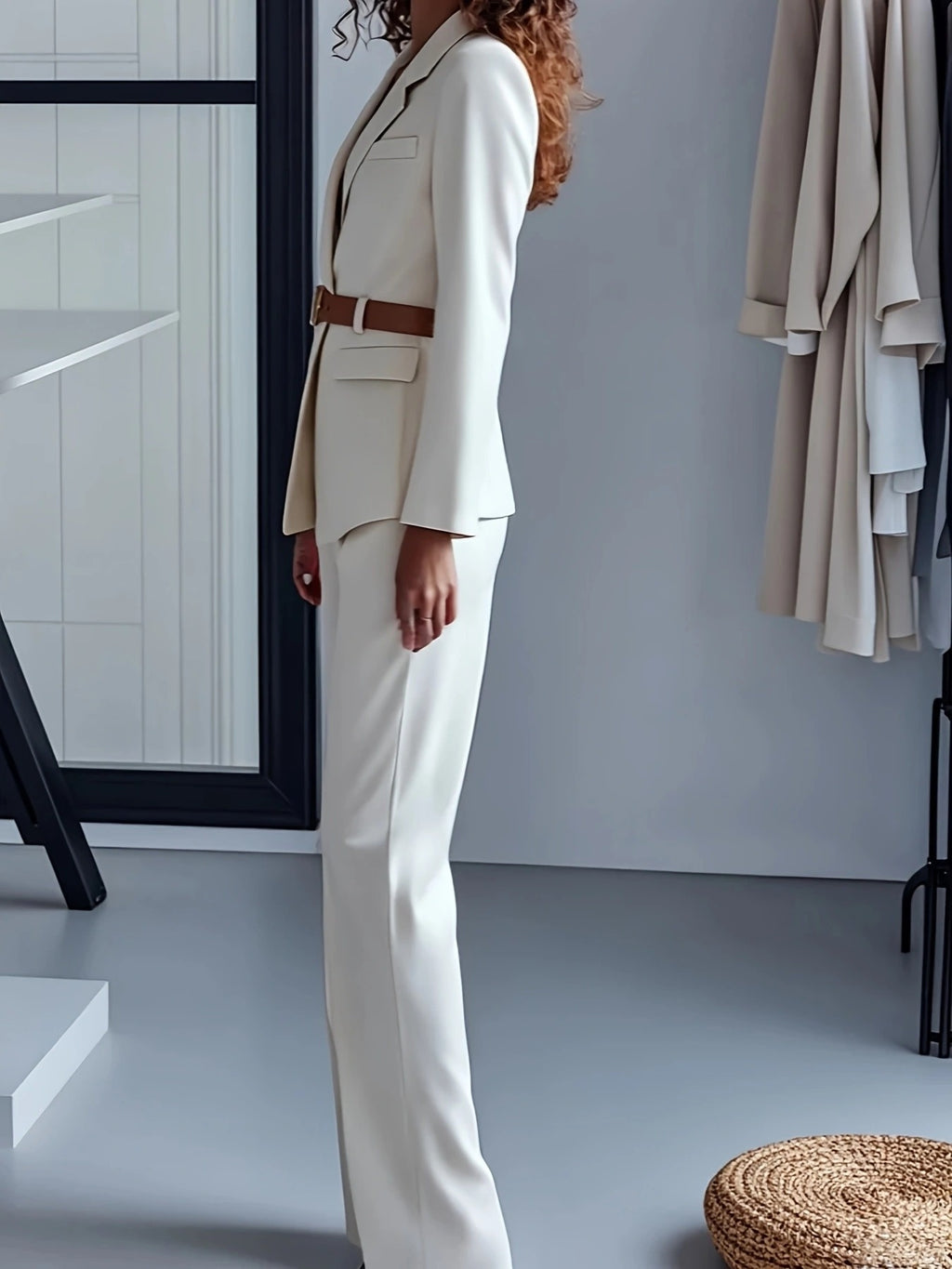 Women'S Elegant White Belted Blazer & Pants Set - Structured Notch Lapel Collar, Long Sleeve, Solid Color, Belted Waist, Fall/Winter Collection, Office & Formal Wear