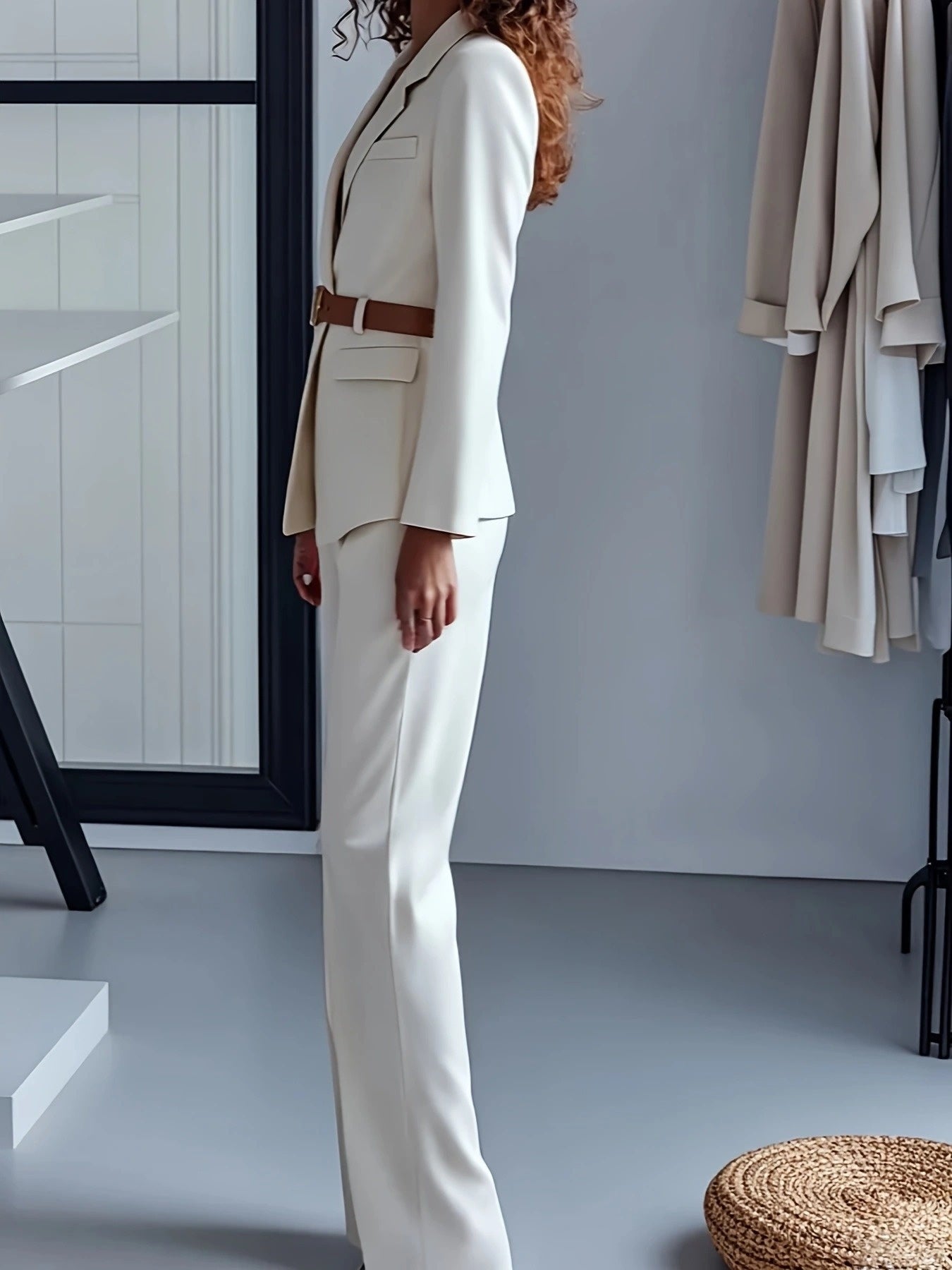 Women'S Elegant White Belted Blazer & Pants Set - Structured Notch Lapel Collar, Long Sleeve, Solid Color, Belted Waist, Fall/Winter Collection, Office & Formal Wear
