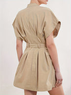 Women'S Elegant V-Neck A-Line Dress with Adjustable Waist Belt - Short Sleeve, X-Line Silhouette, Button Front Closure, Lightweight Summer Dress for Casual & Formal, Casual Summer Dress | Vneck Dress | Belted Waist Dress