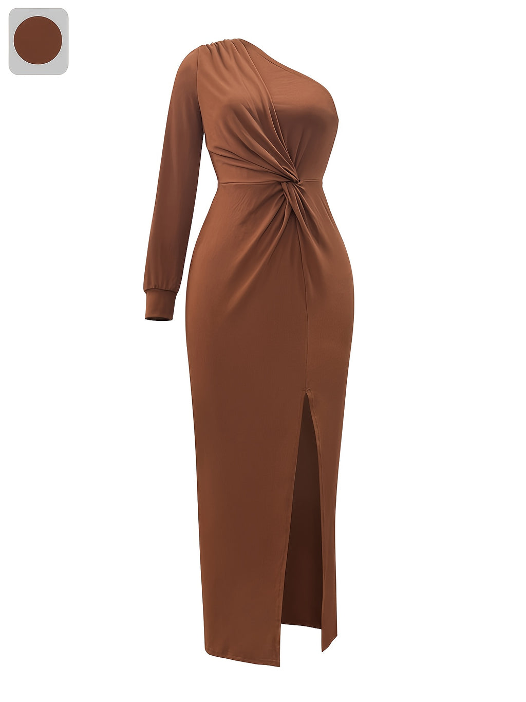 Women'S Elegant Asymmetrical One-Shoulder Long Evening Gown with High Slit & Waist Belt - Sexy Formal Party Dress in Solid Brown/Navy/Red/, All-season Bodycon Fit For Weddings, Galas, Proms - Machine Washable Formal Attire, Wedding Guest Outfit