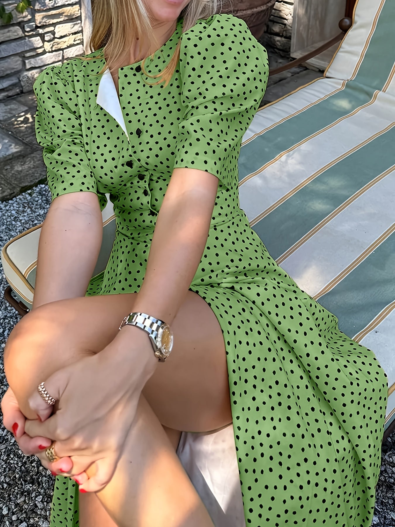 French Chic Polka Dot Midi Dress for Women - Elegant Puff Sleeve V-Neck Partial Button Tiered Dress, Fall Winter Swing Dress with Belt