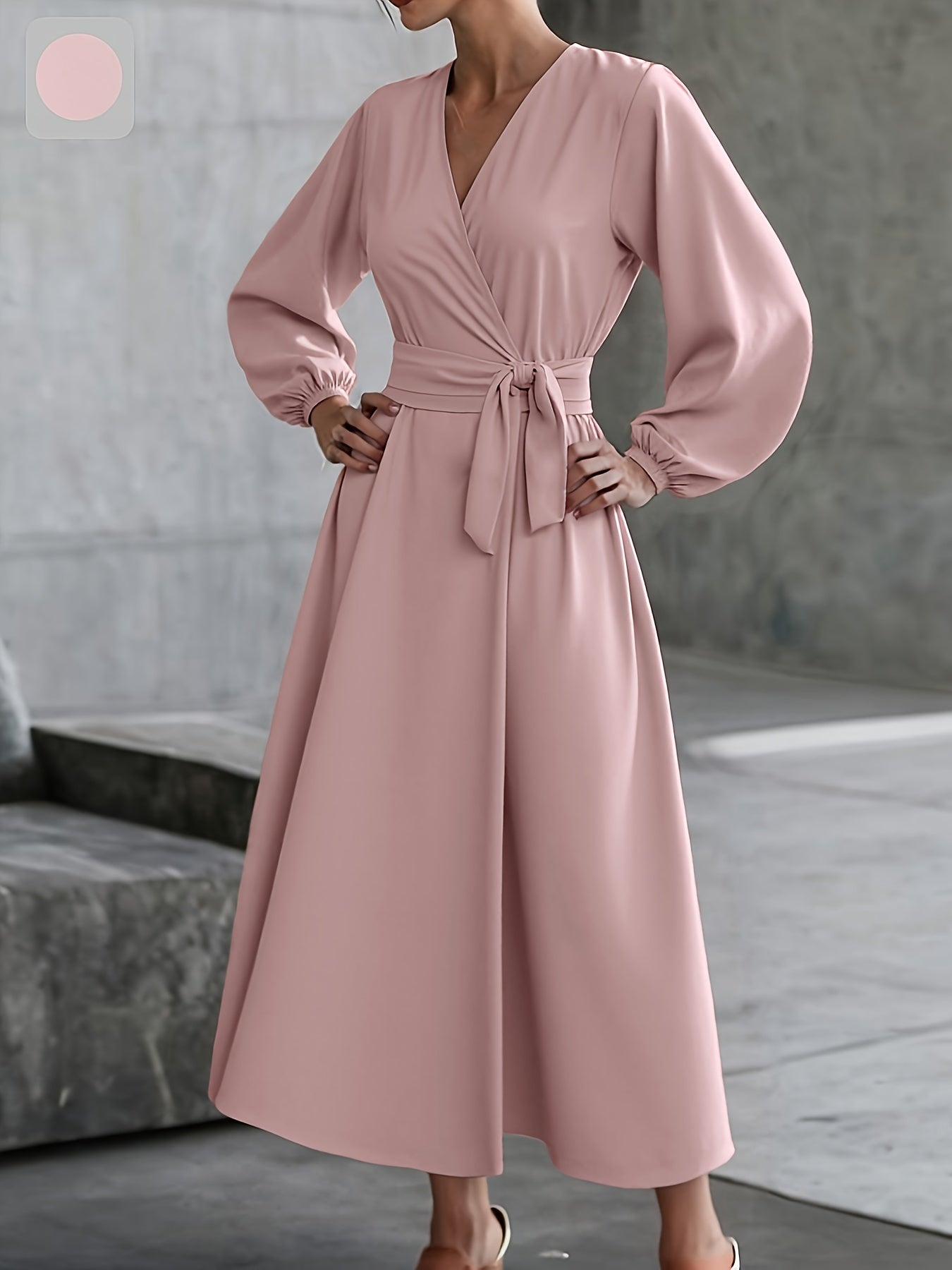 Women'S Elegant Office to Party Dress - Long Sleeve V-Neck Wrap, Formal & Casual Chic Outfits - Fall Winter Workplace to Evening Events - Women'S Professional Attire, Office Dress, Workwear Elegance, Flowy Fabric Gown, Women Dress, Wedding Guest Women Dress